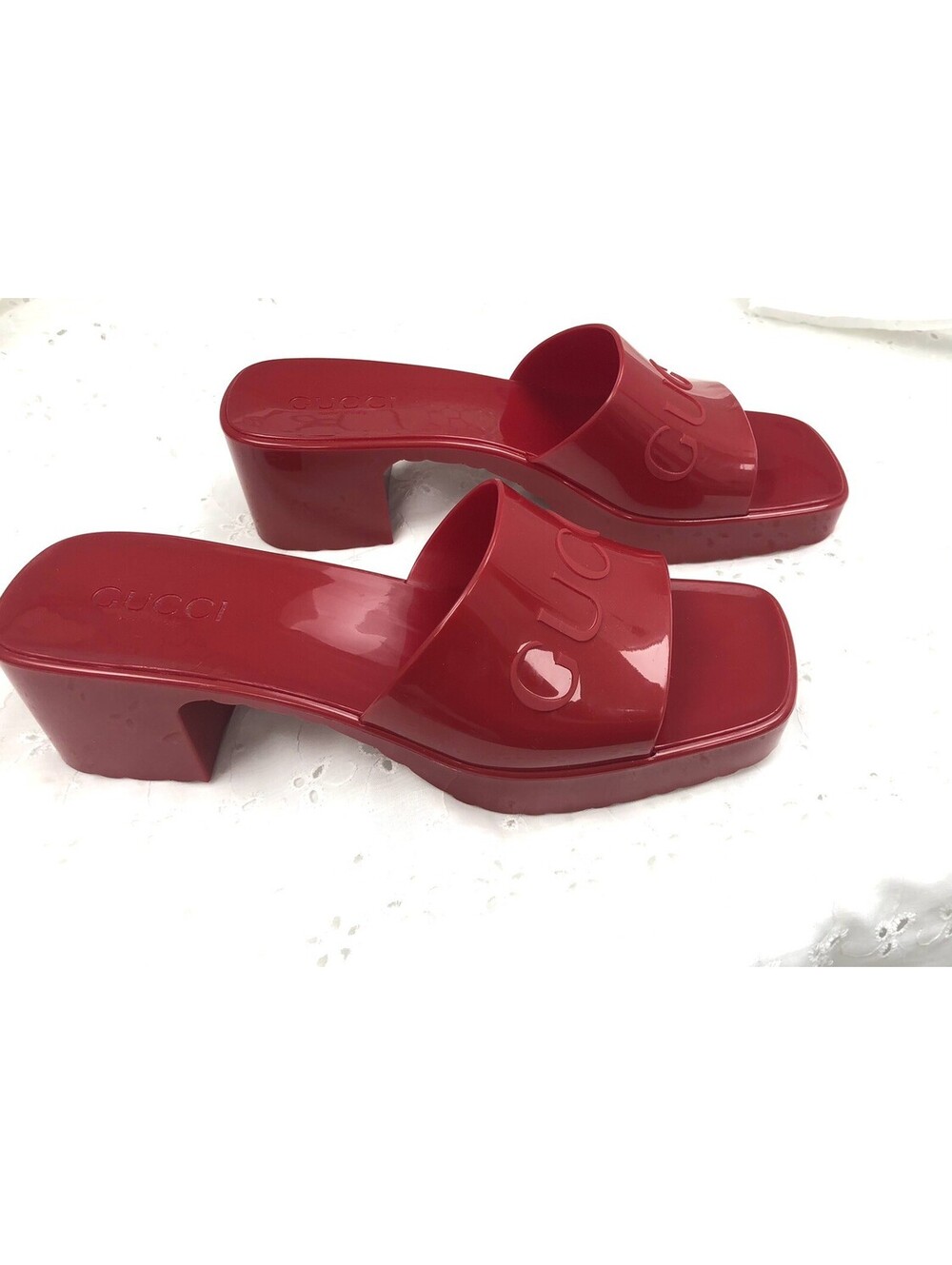 Gucci Red Block Heel Slide Sandals